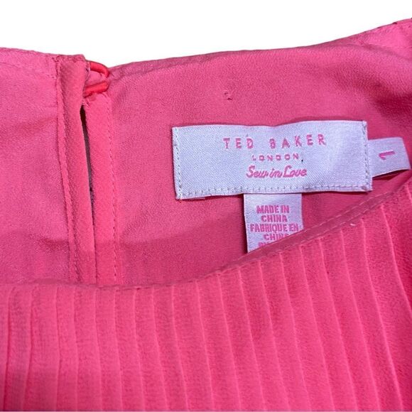 Ted Baker Women Gyda Blouse Sz 1 US 4 Neon Coral Pink Pleated Chiffon 3/4 Sleeve - Picture 8 of 16
